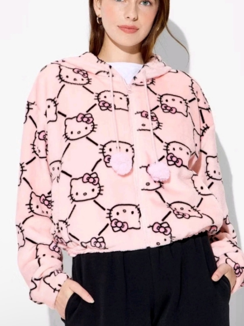 Hello Kitty Light Pink Plush Pullover Hoodie with Black Outline Print